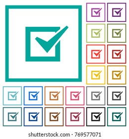 Checked box flat color icons with quadrant frames on white background