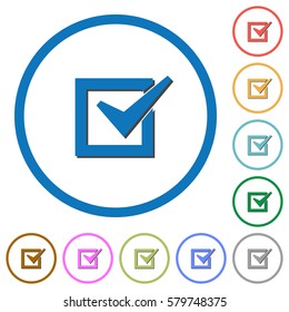 Checked box flat color vector icons with shadows in round outlines on white background