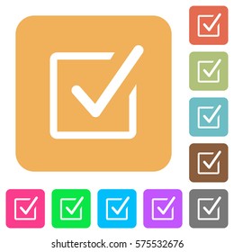 Checked box flat icons on rounded square vivid color backgrounds.