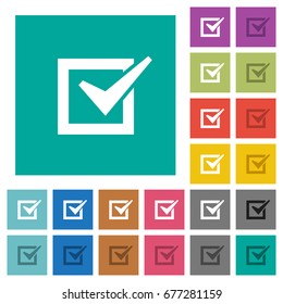 Checked box multi colored flat icons on plain square backgrounds. Included white and darker icon variations for hover or active effects.