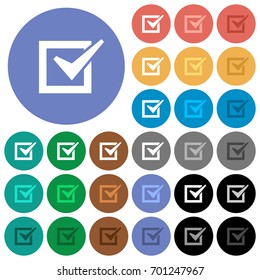 Checked box multi colored flat icons on round backgrounds. Included white, light and dark icon variations for hover and active status effects, and bonus shades on black backgounds.