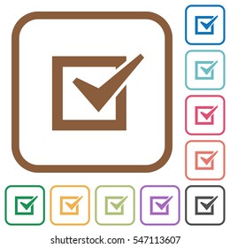 Checked box simple icons in color rounded square frames on white background