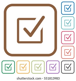 Checked box simple icons in color rounded square frames on white background