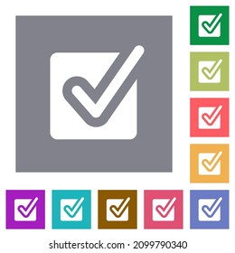 Checked box solid flat icons on simple color square backgrounds
