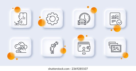 Checked calculation, Recovery gear and Co2 gas line icons pack. 3d glass buttons with blurred circles. Brand ambassador, Wallet, Book car web icon. Voicemail, Photo album pictogram. Vector