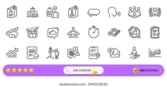 Checked calculation, Stress and Launch project line icons for web app. Pack of Recruitment, Brush, Interview job pictogram icons. Interview documents, Demand curve, Keywords signs. Search bar. Vector
