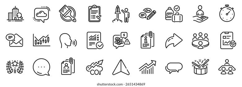 Verificado o cálculo, o pacote de ícones de linha do projeto Estresse e Iniciar. Ícones de plano Compartilhar, Mensagem, Papel. Ícone da Web de emprego Recrutamento, Pincel, Entrevista. Vetor