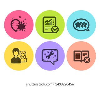 Checked calculation, Teamwork and Stars icons simple set. Balloon dart, Spanner and Reject book signs. Statistical data, Man with woman. Business set. Flat checked calculation icon. Circle button