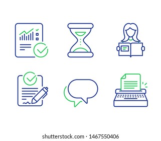 Checked calculation, Time and Rfp line icons set. Woman read, Talk bubble and Typewriter signs. Statistical data, Clock, Request for proposal. Girl studying. Education set. Vector