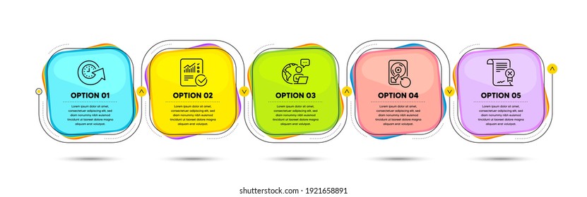 Checked calculation, Update time and Reject certificate line icons set. Timeline process flowchart. Recovery hdd sign. Statistical data, Refresh watch, Decline file. Backup info. Vector
