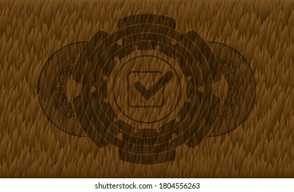 icono de la casilla de verificación marcada dentro de la insignia realista de piel de color marrón Hairy. Fondo clásico animal. Ilustración artística. 
