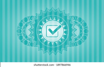 checked checkbox icon inside Turquoise emblem. Bars fashionable background. Vector illustration. 