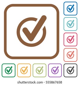 Checked data simple icons in color rounded square frames on white background