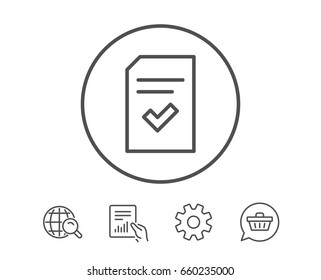 Checked Document line icon. Information File with Check sign. Correct Paper page concept symbol. Hold Report, Service and Global search line signs. Shopping cart icon. Editable stroke. Vector