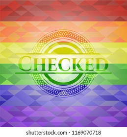 Checked emblem on mosaic background with the colors of the LGBT flag