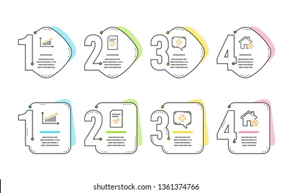 Checked file, Chart and Medical chat icons simple set. Loan house sign. Correct document, Presentation chart, Medicine help. Discount percent. Technology set. Infographic timeline. Vector