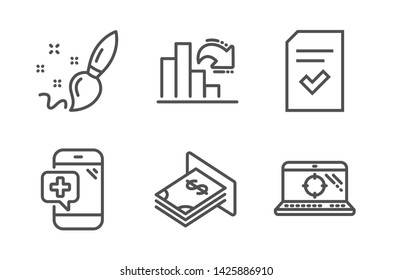 Checked file, Medical phone and Paint brush icons simple set. Atm money, Decreasing graph and Seo laptop signs. Correct document, Mobile medicine. Business set. Line checked file icon. Editable stroke