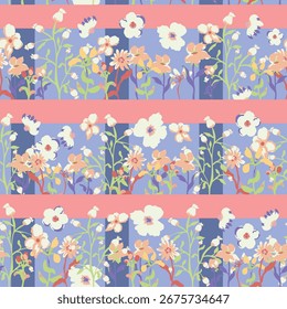 Checked, floral garden seamless repeat pattern. Hand drawn, vector flowers with leaves aop, all over surface print on lilac background. Botanical endless pattern.
