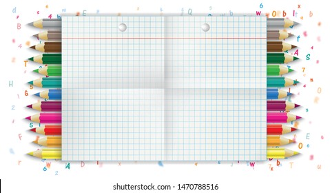 Checked and folded paper with pencils, numbers and letters on the white background. Eps 10 vector file.