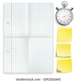 Checked and folded paper with stopwatch yellow sticks on the white background. Eps 10 vector file.