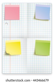 Checked and folded school paper with colored sticks on the white. Eps 10 vector file. 