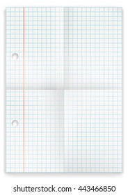 Checked and folded school paper on the white. Eps 10 vector file. 
