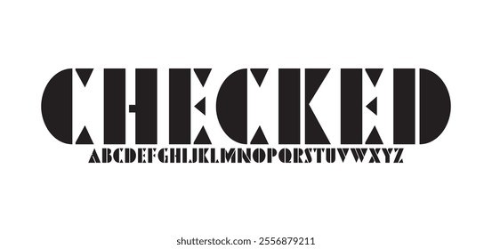 Checked, Futuristic modern techno sci fi bold display stencil font, abstract geometric clean monospaced letter set
