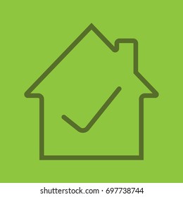 Checked house linear icon. Building with check mark inside. Thin line outline symbols on color background. Vector illustration