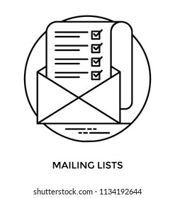 A checked list coming out of an envelope bringing concept of mailing list icon