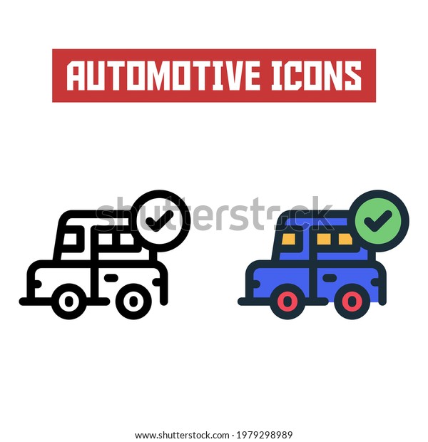 checked mark car icon. line and flat color icon.\
automotive icon theme.