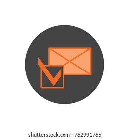 Checked message button vector icon in orange and black colors.