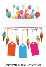 Checked paper banner, candy cones, price stickers and colored balloons.  Eps 10 vector file.