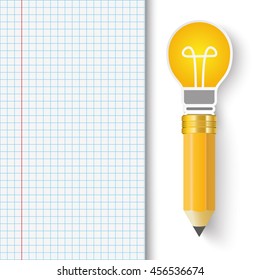 Checked Paper with bulb and pencil. Eps 10 vector file.