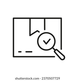 Symbol der Paketleitung überprüft. Faltschachtel mit Prüfzeichen und Piktogramm für die Beschriftung. Lieferservice-Symbol. Qualitätserzeugnisse im Container-Zeichen. Zugelassenes Produkt. Bearbeitbarer Stroke. Einzelne Vektorgrafik.