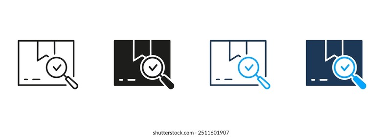 Línea de paquete comprobada y conjunto de iconos de silueta. Caja de cartón con marca de verificación y lupa. Símbolo de servicio de entrega. Bienes de calidad en signo de contenedor. Trazo Editable. Ilustración vectorial aislada.