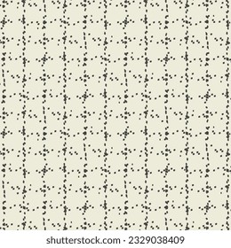 Checked pattern, discontinuous lines made of pixels. Interrupted, crossed stripes, drawn in black on a light gray tone. Vector seamless.