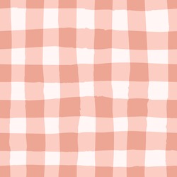 Checked Pattern, Gingham Vector Seamless Repeat Design Background In Peach And Pink. Plaid Geometric Design Resource With Hand Drawn Textured Lines.