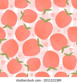 Checked peach seamless pattern for kitchen textile, wrapping paper or print, hand drawn fruit wallpaper, summer motif