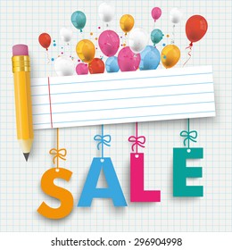 Checked school paper with colored balloons, pencil, text SALE and striped banner. Eps 10 vector file.