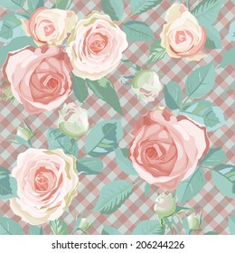 Checked seamless pattern with roses. Vector illustration.