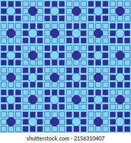 Checked square block shapes in alternating dark blue fill and outline with dots at the centers in a repeating pattern on a light blue background