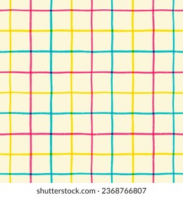 Checked, square, plaid vector seamless pattern with risograph, riso print effect. Vertical and horizontal hand drawn crossing stripes, pinstripes, uneven bars. Chequered geometrical background.