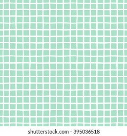 Checked, square, plaid vector seamless pattern. Vertical and horizontal hand drawn uneven crossing stripes. Chequered geometrical background. White bars on mint green backdrop.