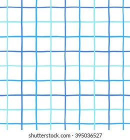 Checked, square, plaid vector seamless pattern. Vertical and horizontal hand drawn crossing blue stripes. Chequered geometrical background. Blue uneven bars.