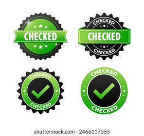 Checked stickers, green and black label on white background