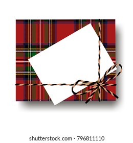 Checked tartan plaid gift present box with tied string bow and blank note with copy space. Wrapping diy idea. Vector illustration. Top view