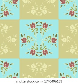 Checked vector repeating pattern with delicate simple flowers in pale blue and beige. Cute, simple and feminine, ideal for  fabric print and surface design. Stylised artwork.