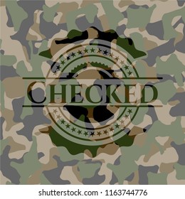Checked written on a camo texture