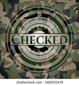Checked written on a camouflage texture. Vector Illustration. Detailed.