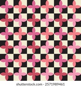 Checker board, bright flower shapes abstract seamless pattern. Decorative geometrical grid. Black white pink shades vintage colours palette. Graphical ornamental backrgound. Vector illustration